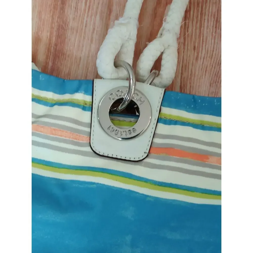 Coach Nautical Beach Multi Stripe East West Tote Bag Purse Seahorse Charm RARE